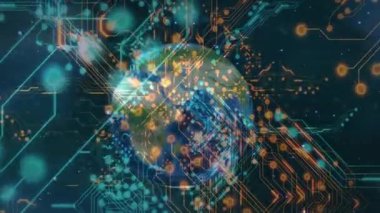 Neon devrelerin ortaya çıkmasıyla dünya açılıyor, sinyaller yayılıyor, dönüyor, küresel bağlantıyı gösteriyor. Fütürist, dijital, bağlantı, teknoloji, soyut, ağ, siber