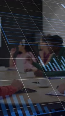 Animation of statistical data processing over diverse men discussing in meeting room at office. Business data technology concept