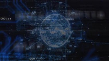 Karanlık UI, holografik 3 boyutlu dünyayı ikili akış ile dönerken gösteriyor, görsel verileri örüyor. Siber uzay, veri görselleştirme, fütüristik, teknoloji, arayüz, bilgi ağı, dijital