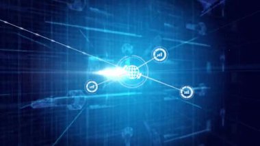 Devre çekirdeğe yaklaşıyor, ağ erişimi için kırmızı anahtar oluşturan düğümleri birbirine bağlayan bağlantılar yayıyor. Teknoloji, siber güvenlik, dijital ağ, veri iletimi, fütüristik, bağlantı, yenilik