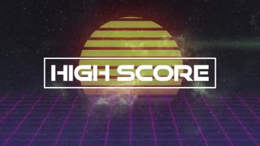 Şebekeden parlayan disk, yüksek skor gösteren pankart çiziyor, arıza yapıyor, yeşil fişekleri süpürüyor. Neon, bilim kurgu, dijital, fütüristik, kozmik, arıza, canlı