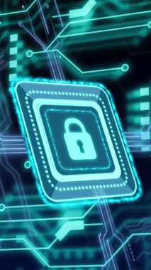 Çevrimiçi güvenlik kilidinin animasyonu, bilgisayar devre kartından veri işleme. Küresel çevrimiçi güvenlik, veri işleme, dijital arayüz ve bağlantılar konsepti dijital olarak oluşturuldu.