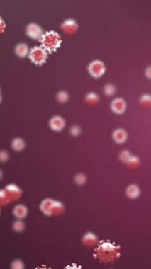 Kırmızı zemin üzerinde yüzen makro Covid-19 hücrelerinin animasyonu. Coronavirus Covid-19 pandemik konsept dijital bileşik.