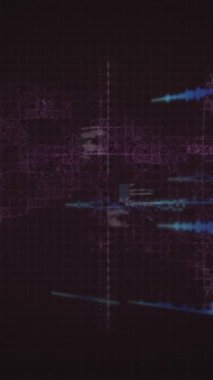 Mor arkaplana karşı mor dijital dalga üzerinden veri işleme animasyonu. Bilgisayar arayüzü ve iş teknolojisi kavramı