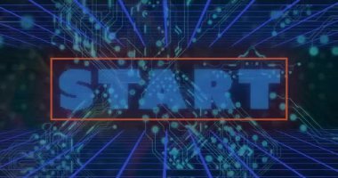 Açılma ızgarası devre izlerini gösteriyor, soluk START turuncu çerçeve sinyallerini çekiyor. Fütürist, dijital, teknoloji, hareket, neon, siber, sanal