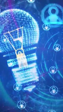 Ampulün animasyonu, Chatbot simgeleri ve veri işleme ile bağlantıları. Küresel elektrik, bulut hesaplama, dijital arayüz ve veri işleme kavramı dijital olarak oluşturuldu.