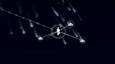Yayınlanan ikili kod ağ büyümesini başlatıyor, halkalı siluet bulut çanta kullanıcı düğümlerini birbirine bağlıyor. Dijital, bağlantı, teknoloji, yenilik, siber güvenlik, grafik, soyut