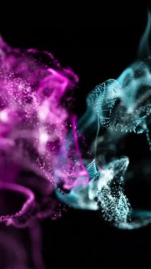 Siyah arka planda hareket eden pembe ve mavi parçacıkların animasyonu. hareket, enerji ve renk, soyut arayüz arkaplan kavramı dijital olarak oluşturulmuş video.