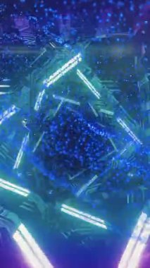 Animation of illuminated triangular shapes rotating and blue dots forming line. Digitally generated, illustration, hologram, abstract, art, design and technology concept.