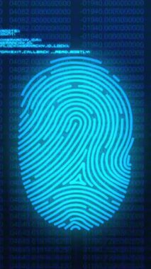 Veri işleme ve şehir manzarası üzerinde parmak izi animasyonu. Çevrimiçi güvenlik, siber suç ve veri işleme kavramı dijital olarak oluşturulmuş video.