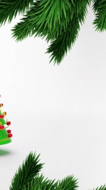 Beyaz arka planda Noel ağacı üzerine Noel süslemeleri olan köknar ağacı animasyonu. Noel, gelenek ve kutlama konsepti dijital olarak oluşturuldu.