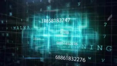 Koyu 3D ızgara, kötü amaçlı yazılım eğitimi için numaraları güncellerken küboid kablo çerçevesini çalıştırıyor. Gelecekçi, siber güvenlik, dijital, holografik, veri görselleştirme, teknoloji, animasyon