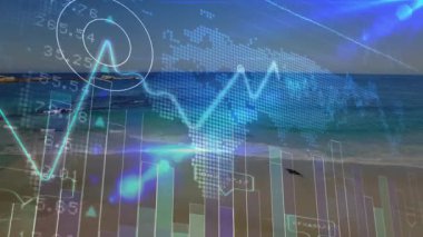 Açık kıyı şeridi, yükselen cyan çizgisi, dalgalanan çubuklar, titreşen noktalı harita görselleştirme eğilimleri. Deniz manzarası, analitik, veri görselleştirme, soyut, modern, küresel, finansal