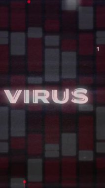 Virüs metninin animasyonu, devre kartı dokusu, arka plandaki kırmızı ve beyaz çubukların üzerine ikili kodlar. Dijital olarak üretilmiş, hologram, tehlike, kodlama, makine öğrenme ve teknoloji kavramı.