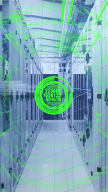 Sunucu odasına karşı veri işleme ve matematiksel denklemlerle arayüzün animasyonu. Bilgisayar arayüzü ve iş veri depolama teknolojisi kavramı