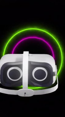 Siyah arkaplanda hareket eden neon ışıklarının üzerindeki vr kulaklığın animasyonu. Dijital olarak oluşturulmuş küresel sanal gerçeklik, veri işleme, hesaplama ve dijital arayüz kavramı.