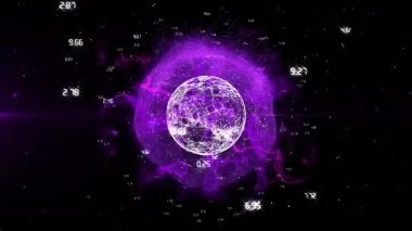 Kablo çerçevesi boşlukta beliriyor, mor bulut oluşturuyor, veri noktaları etrafında dönüyor, ağı görselleştiriyor. Geometrik, kozmik, geleceksel, dijital, soyut, enerjik, teknolojik