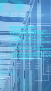 Bilgisayar dili animasyonu, grafikler, veri sunucu odasında çizgiler ve daireler yükleme. Dijital bileşik, rapor, iş, ilerleme, kodlama, veri merkezi, ağ, teknoloji ve ağ sunucusu.