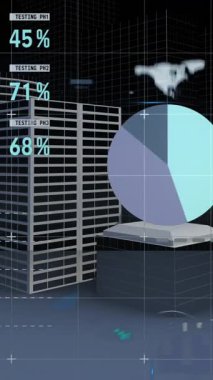 Animation of financial data processing over cityscape. Global business, finances, computing and data processing concept digitally generated video.