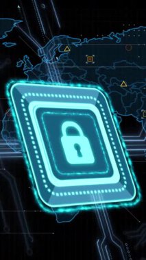 Dünya haritası üzerinde çevrimiçi güvenlik kilidi, işaretleyiciler ve veri işleme animasyonları. küresel çevrimiçi güvenlik, dijital arayüz ve dijital olarak oluşturulmuş video işleme kavramı.