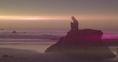 Sağlık meraklısı, alacakaranlıkta kayanın üzerine iniyor, köpeği kaldırıyor, okyanusa bakarken dinlenmek için okşuyor. Doğa, sükunet, rahatlık, tefekkür, kıyı, sükunet, farkındalık.