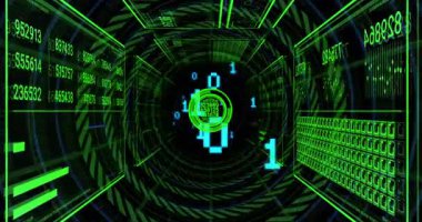 Yeşil tünel dönüşlü halkalarda yüzen kamera çift haneli rakamları sürüklüyor ve analitiği güncelliyor. Siber uzay, veri görselleştirme, geleceksel, dijital ortam, teknoloji, hareket grafikleri, soyut