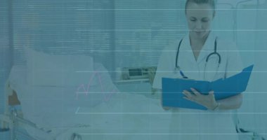 Hastane yatağının yanındaki hemşire inceleme çizelgesi ve bar çizelgeleri eğilimleri gösteriyor. Sağlık, tıbbi, analiz, veri, profesyonel, klinik, belgelendirme