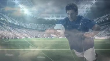 Rugby oyuncusu top tutarak gol çizgisine doğru koşuyor. Dijital kaplamalar ve dalış skoru denemeleri ile. Sporcu, rekabet, gerçekçilik, enerjik, açık hava, hareket, yoğunluk