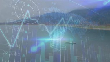 Çubukların yükselmesiyle gölün üzerindeki çizelge soluyor, tepeleri işaretleyen daireler çiziyor, veri analizi için kürek çeken bir adam. Dağgölü, veri analizi, açık hava, sakin sular, dijital grafik, görselleştirme, macera