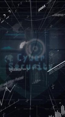 Siyah arkaplan üzerinde veri işleme ile dijital arayüzün animasyonu. Küresel veri işleme kavramı dijital oluşturulmuş video.