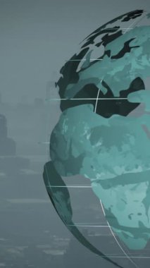 Şehrin üzerinde dönen bir küre animasyonu. Dijital olarak oluşturulmuş küresel bağlantılar, teknoloji ve dijital arayüz kavramı.