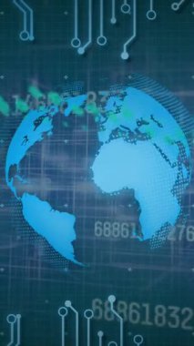 Grafiklerin animasyonu, bilgisayar dili, soyut arkaplanda dünya çapında devre kartı deseni. Dijital olarak üretilmiş, hologram, illüstrasyon, küreselleşme, rapor, iş dünyası, kodlama, teknoloji.