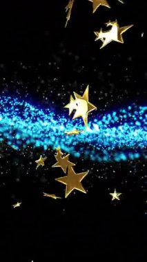 Altın yıldızlar ve mavi parçacıklar siyah arkaplanda hareket ediyorlar. Soyut, parıltılı, hareketli, canlı