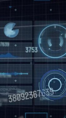 Siyah arkaplan taraması ile veri işleme animasyonu. Küresel teknoloji, bilgisayar ve dijital arayüz kavramı dijital olarak oluşturulmuş video.