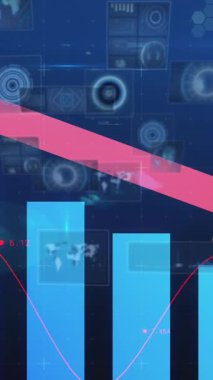 Donanmanın arka planında ekranlarda daireler olan ok ve finansal grafiklerin animasyonu. küresel iş, ekonomi, finans ve teknoloji konsepti dijital olarak oluşturulmuş video.