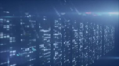 Deniz mavisi bloklardan oluşan veri duvarı, sürüklenen parmaklar, çizim yapan mercek parlamaları. Siber uzay, dijital, geleceksel, teknoloji, veri, soyutlama, hareket