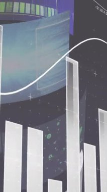 Ekranlarda istatistik ve veri işleme animasyonu. küresel bağlantılar, dijital arayüz ve dijital olarak oluşturulmuş video işleme konsepti.