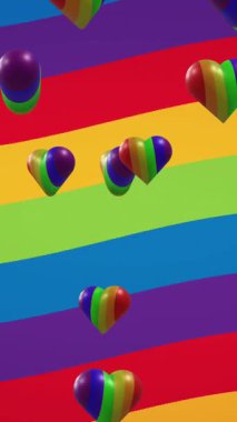 Gökkuşağı arka planında gökkuşağı kalplerinin animasyonu. Gurur ayı, lgbt, eşitlik ve insan hakları konsepti dijital olarak oluşturuldu.