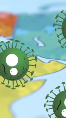 Dünya haritası ve arabası üzerinde uçan Coperid 19 hücrenin animasyonu. küresel covid 19 salgın, ilaç ve sağlık hizmetleri konsepti dijital olarak oluşturulmuş video.