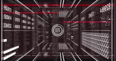 Tel çerçeve koridoru tünel açıyor, kırmızı ışın veri panellerini tarıyor ve analiz için çıktıyı güncelliyor. Fütürist, dijital, soyut, teknoloji, veri görselleştirme, siber, hareket