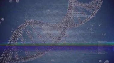 Statik bant taraması başlatılıyor DNA sarmalı dönüyor, arıza yapıyor, moleküler veri akışını görselleştiriyor. Biyoenformatik, fütüristik, dijital, bilimsel, teknoloji, veri görselleştirme, moleküler