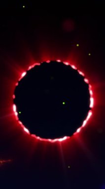 Animation of neon circle over black space with dots and waves. Digital screen, interface and technology concept digitally generated video.