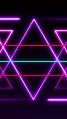 Siyah arkaplanda hareket eden neon şekillerin animasyonu. Sosyal medya, teknoloji ve dijital arayüz kavramı dijital olarak oluşturulmuş video.
