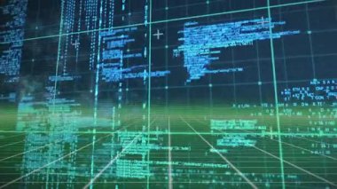 Ufukta parlayan kamera ızgaranın içinden geçiyor, kod blokları soluyor, veri akışını görselleştirmek için kayıyor. Fütürist, dijital, sürükleyici, sanal, yüksek teknoloji, animasyon, siber