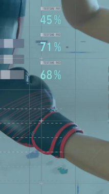 Kadın boksör dinlenirken istatistik tarama ve veri işleme ile dijital arayüzün animasyonu. Dijital olarak oluşturulan küresel bilgisayar ağı teknolojisi kavramı.