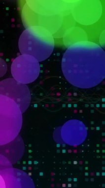 Renkli bokeh ışıkları, dijital noktalar, soyut animasyon arka planı. canlı, ışıltılı, parçacıklar, şenlikli, hareketli, dinamik