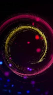 Renkli ışık yollarının animasyonu ve siyah arkaplanda daireler oluşturan noktalar. Soyut arkaplan, ışık ve hareket kavramı dijital olarak oluşturulmuş video.