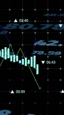 Siyah arkaplandaki rakamlarla finansal veri işleme animasyonu. Küresel ağlar, işletmeler, finansmanlar, hesaplama ve veri işleme kavramı dijital olarak oluşturuldu.