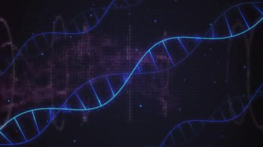 Parlak mavi eğri aşağıya doğru süpürüyor, DNA sarmalları oluşturuyor, titreşim şebekesinin üzerinde verileri görselleştiriyor. Fütürist, dijital, biyomoleküler, bilim, soyut, teknoloji, yenilik