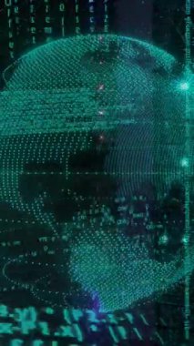 Bilgisayar sunucu odasında dönen dünya üzerinde veri işleme animasyonu. Bilgisayar arayüzü ve iş veri depolama teknolojisi kavramı